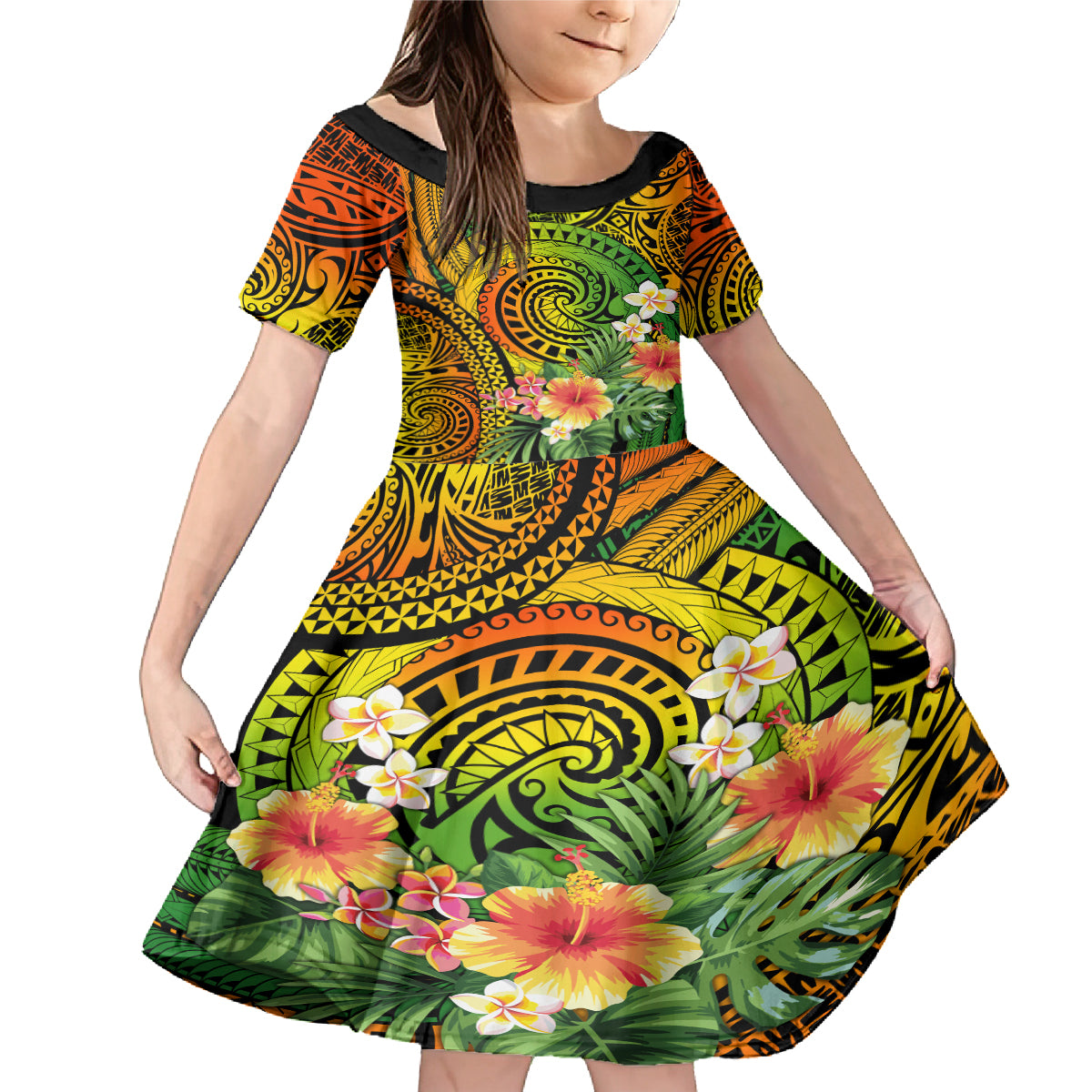 Polynesia Family Matching Mermaid Dress and Hawaiian Shirt Pasifika Tribal with Tropical Flowers LT9 Daughter's Dress Reggae - Polynesian Pride