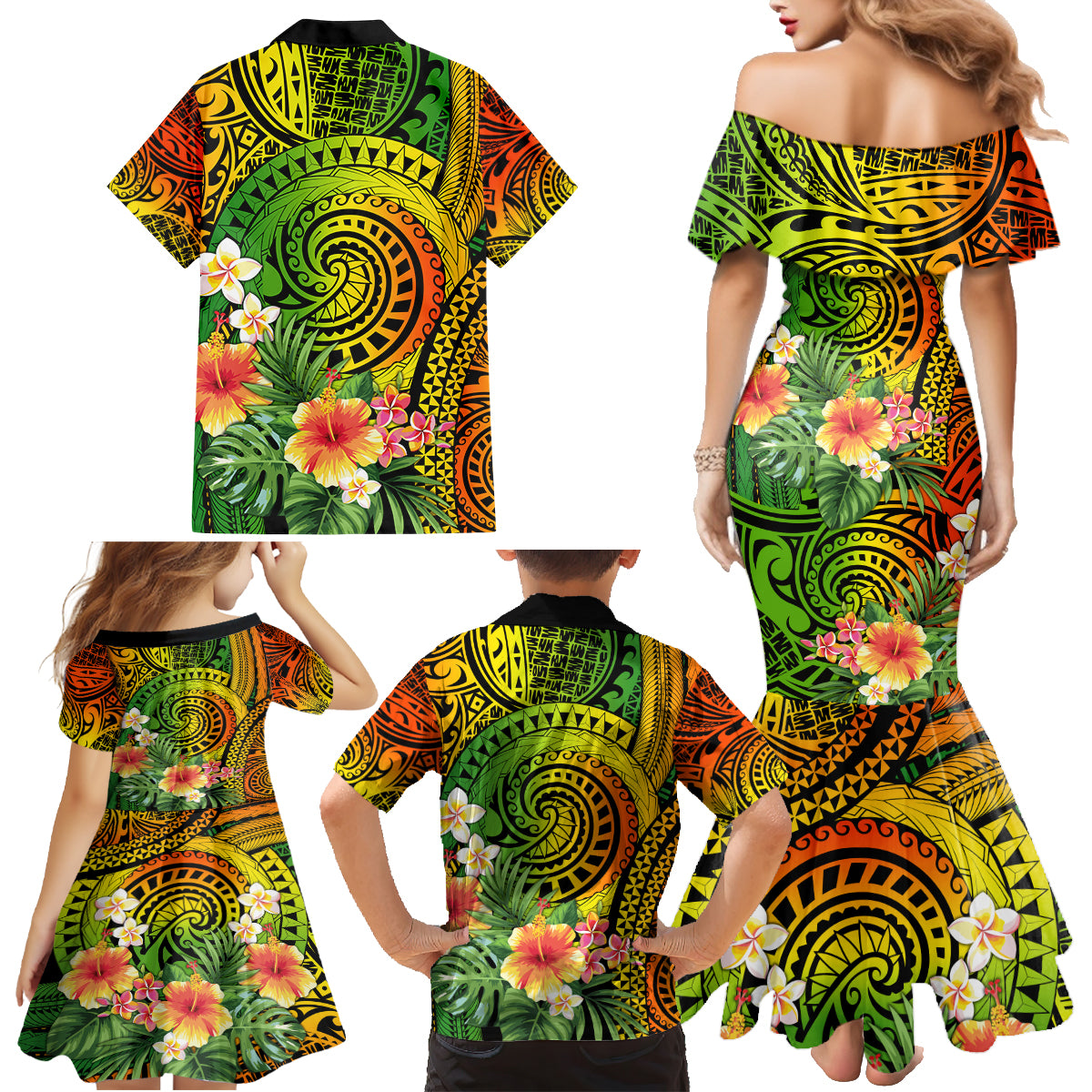Polynesia Family Matching Mermaid Dress and Hawaiian Shirt Pasifika Tribal with Tropical Flowers LT9 - Polynesian Pride