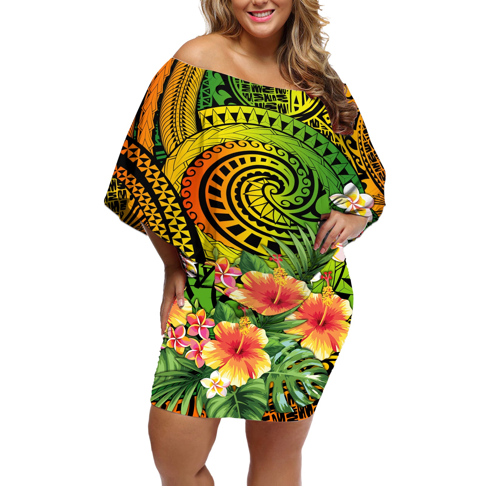 Polynesia Off Shoulder Short Dress Pasifika Tribal with Tropical Flowers LT9 Women Reggae - Polynesian Pride