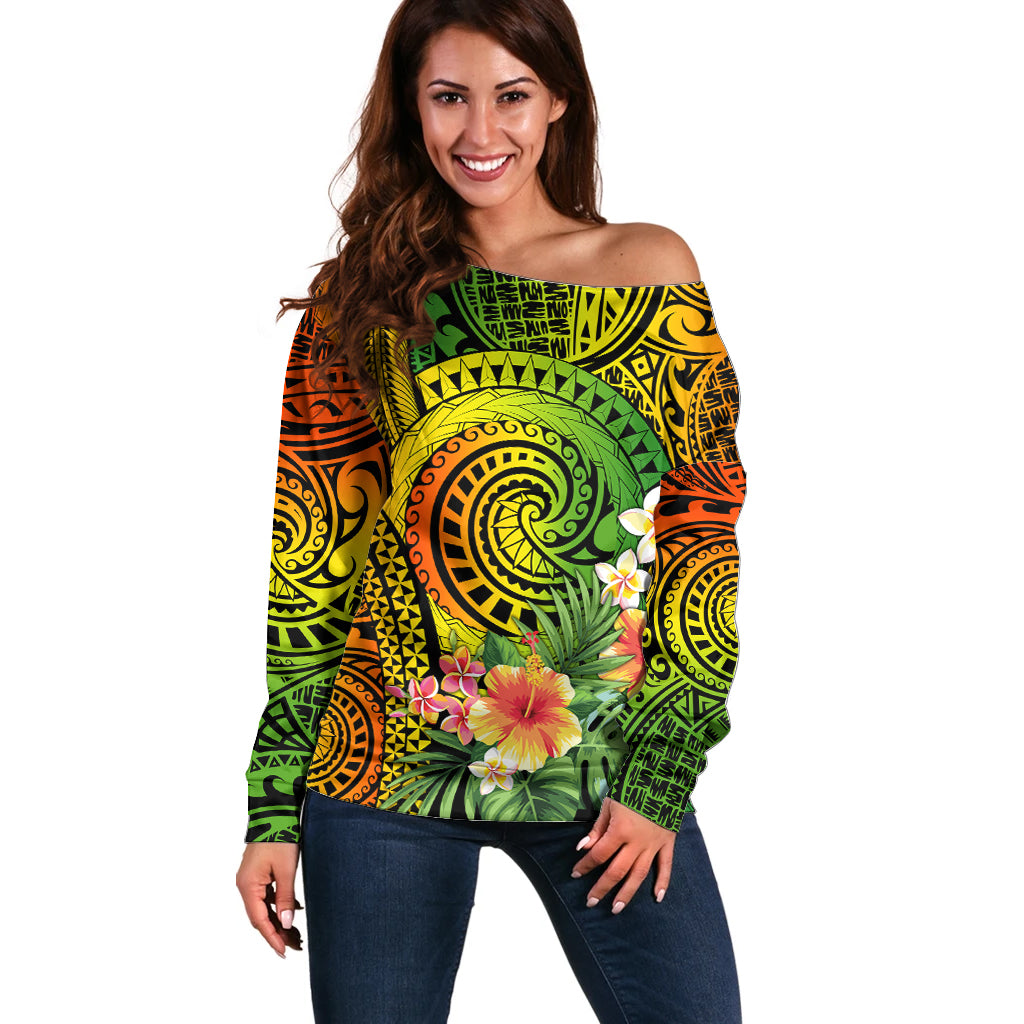 Polynesia Off Shoulder Sweater Pasifika Tribal with Tropical Flowers LT9 Women Reggae - Polynesian Pride