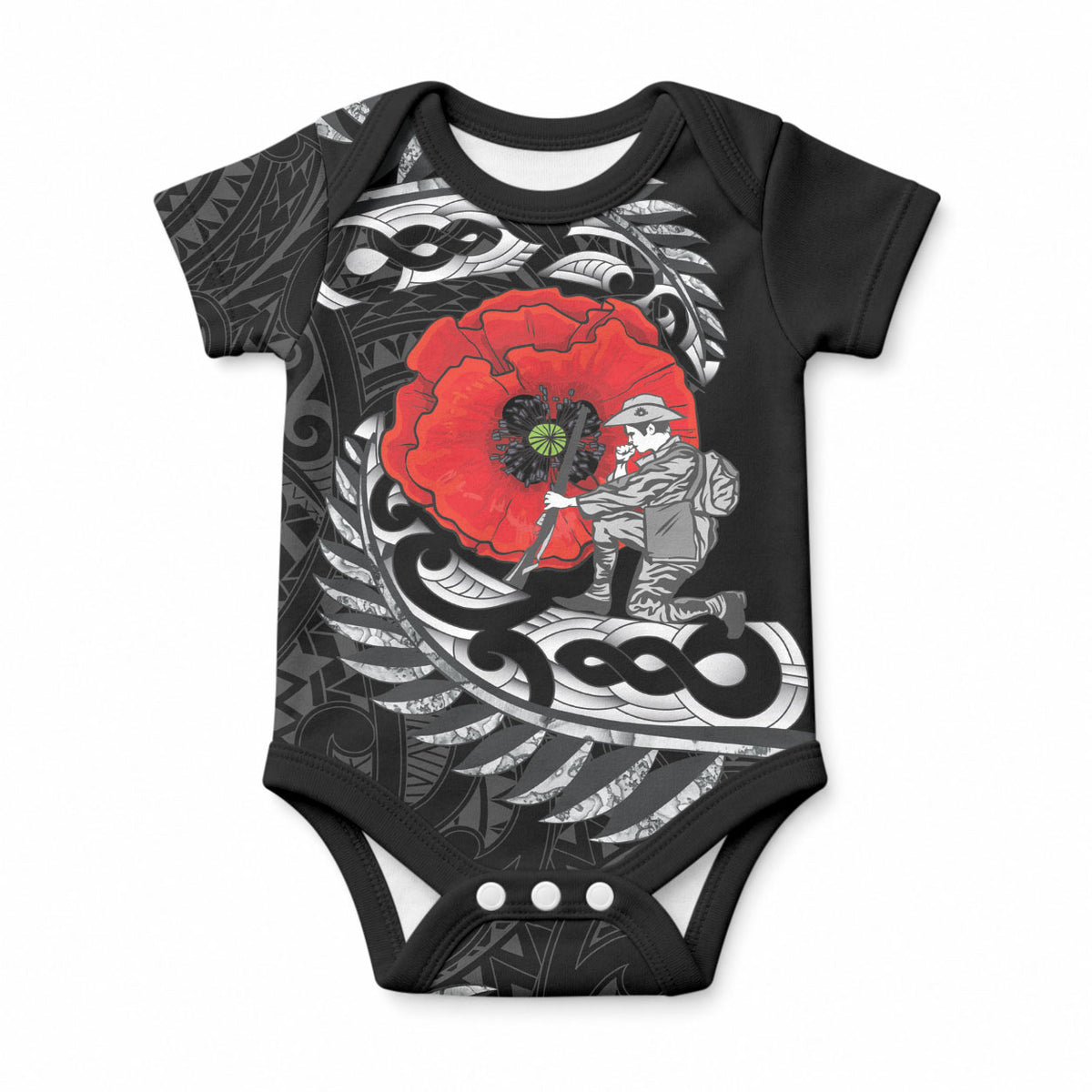 ANZAC Day Aotearoa Silver Fern Maori Personalised Baby Onesie LT9 Black - Polynesian Pride