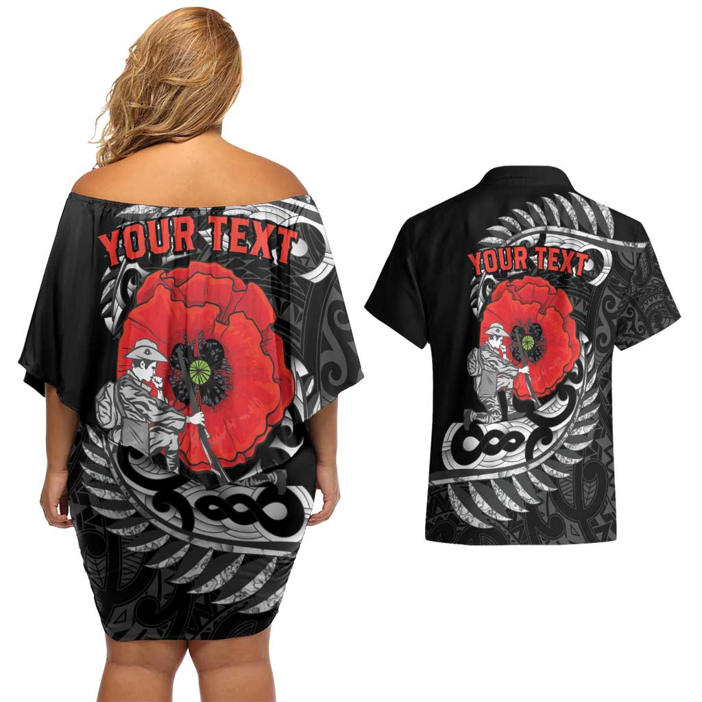 ANZAC Day Aotearoa Silver Fern Maori Personalised Couples Matching Off Shoulder Short Dress and Hawaiian Shirt