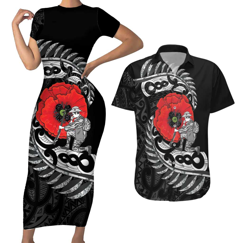 ANZAC Day Aotearoa Silver Fern Maori Personalised Couples Matching Short Sleeve Bodycon Dress and Hawaiian Shirt