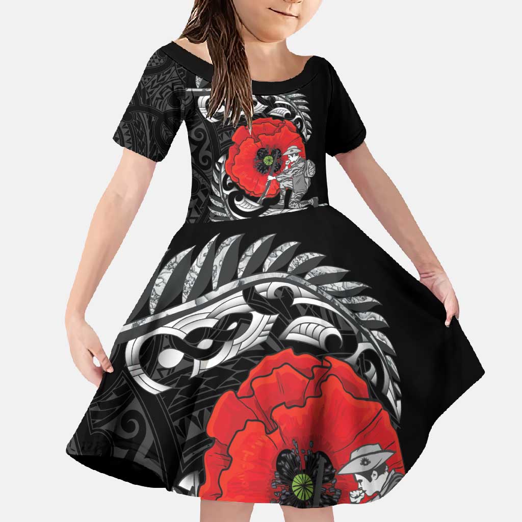 ANZAC Day Aotearoa Silver Fern Maori Personalised Family Matching Long Sleeve Bodycon Dress and Hawaiian Shirt LT9 Daughter's Dress Black - Polynesian Pride