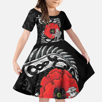 ANZAC Day Aotearoa Silver Fern Maori Personalised Family Matching Mermaid Dress and Hawaiian Shirt LT9 Daughter's Dress Black - Polynesian Pride