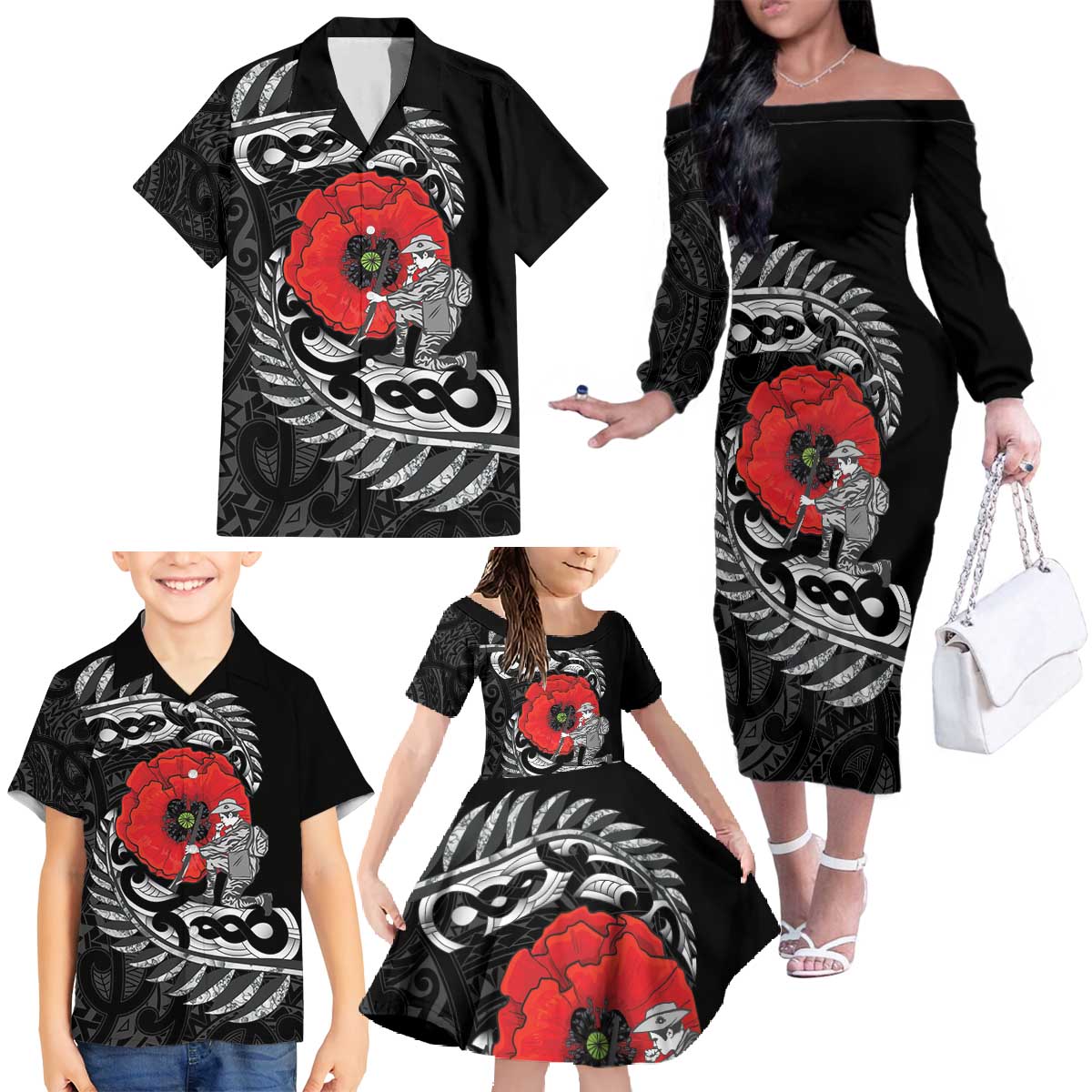 ANZAC Day Aotearoa Silver Fern Maori Personalised Family Matching Off The Shoulder Long Sleeve Dress and Hawaiian Shirt LT9 - Polynesian Pride