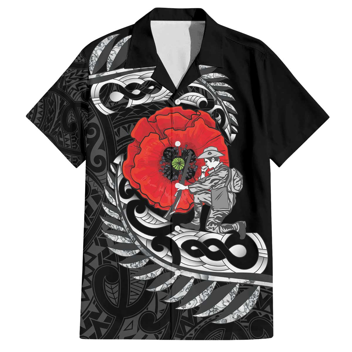 ANZAC Day Aotearoa Silver Fern Maori Personalised Family Matching Off The Shoulder Long Sleeve Dress and Hawaiian Shirt LT9 Dad's Shirt - Short Sleeve Black - Polynesian Pride