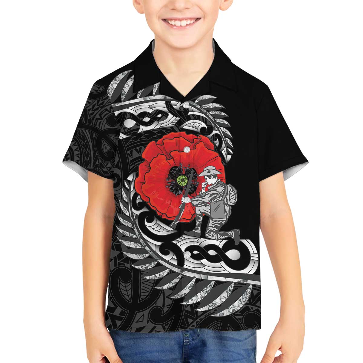 ANZAC Day Aotearoa Silver Fern Maori Personalised Family Matching Off The Shoulder Long Sleeve Dress and Hawaiian Shirt LT9 Son's Shirt Black - Polynesian Pride