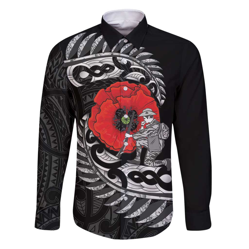 ANZAC Day Aotearoa Silver Fern Maori Personalised Family Matching Puletasi and Hawaiian Shirt LT9 Dad's Shirt - Long Sleeve Black - Polynesian Pride