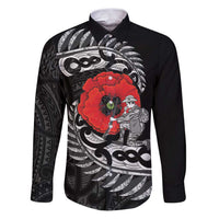 ANZAC Day Aotearoa Silver Fern Maori Personalised Family Matching Puletasi and Hawaiian Shirt LT9 Dad's Shirt - Long Sleeve Black - Polynesian Pride
