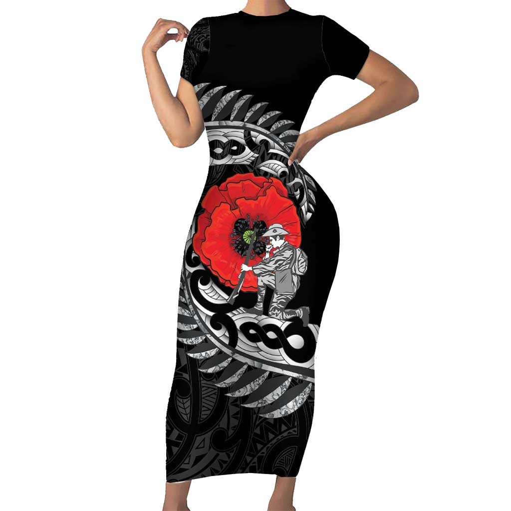 ANZAC Day Aotearoa Silver Fern Maori Personalised Family Matching Short Sleeve Bodycon Dress and Hawaiian Shirt LT9 Mom's Dress Black - Polynesian Pride