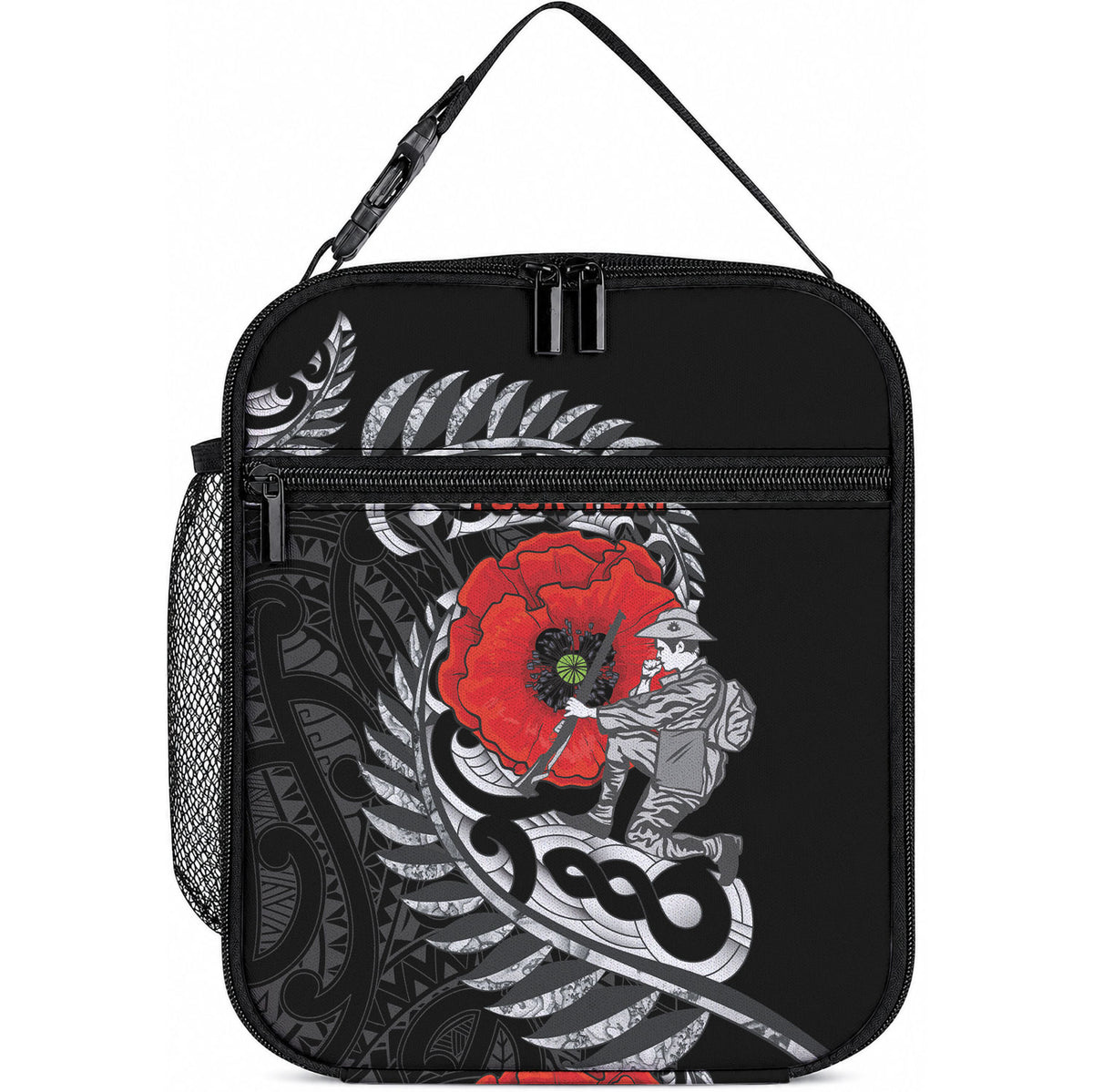ANZAC Day Aotearoa Silver Fern Maori Personalised Lunch Bag LT9 10.2 × 8.3 × 4.3 inch Black - Polynesian Pride