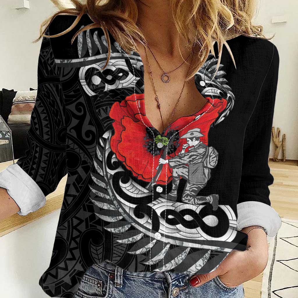 ANZAC Day Aotearoa Silver Fern Maori Personalised Women Casual Shirt LT9 Female Black - Polynesian Pride