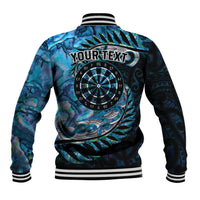 New Zealand Darts Personalised Baseball Jacket Aotearoa Silver Fern Blue Papua Shell Spirit
