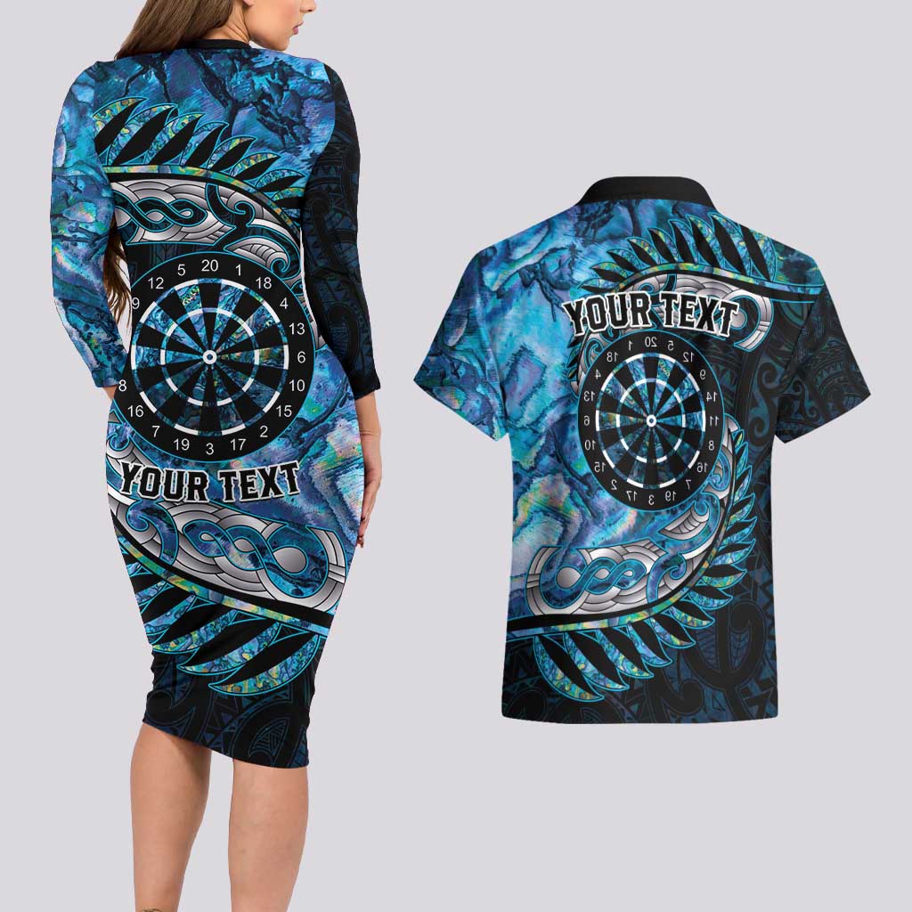 New Zealand Darts Personalised Couples Matching Long Sleeve Bodycon Dress and Hawaiian Shirt Aotearoa Silver Fern Blue Papua Shell Spirit