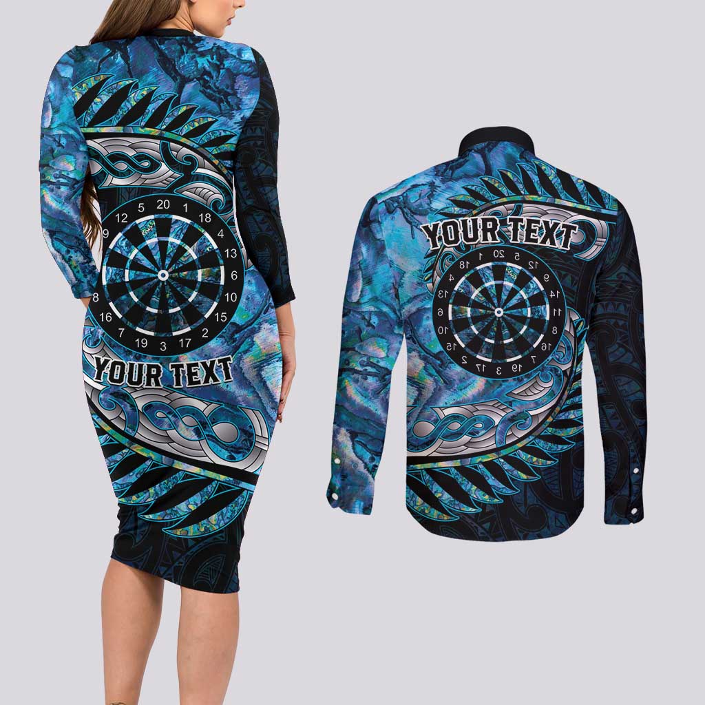 New Zealand Darts Personalised Couples Matching Long Sleeve Bodycon Dress and Long Sleeve Button Shirt Aotearoa Silver Fern Blue Papua Shell Spirit