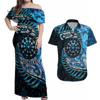 New Zealand Darts Personalised Couples Matching Off Shoulder Maxi Dress and Hawaiian Shirt Aotearoa Silver Fern Blue Papua Shell Spirit