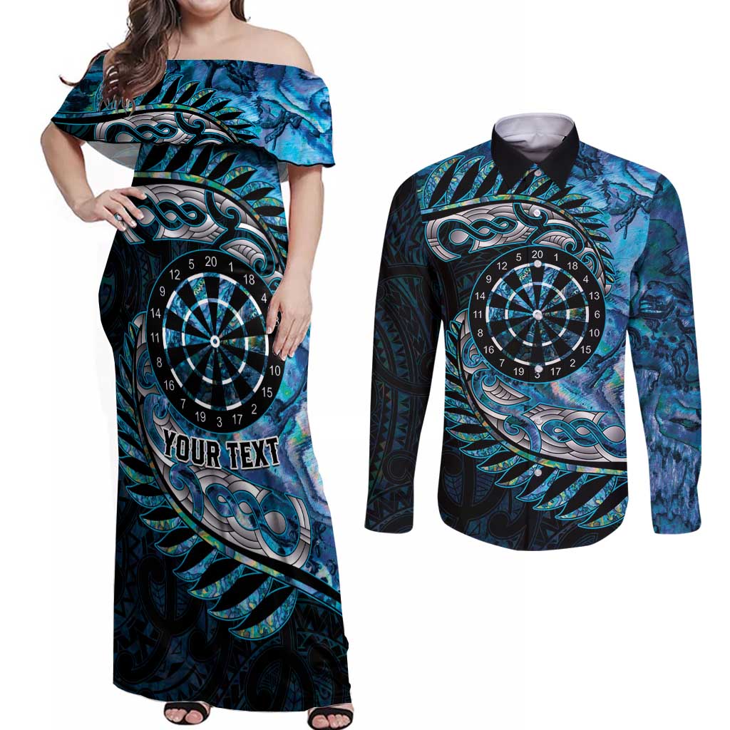 New Zealand Darts Personalised Couples Matching Off Shoulder Maxi Dress and Long Sleeve Button Shirt Aotearoa Silver Fern Blue Papua Shell Spirit
