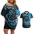 New Zealand Darts Personalised Couples Matching Off Shoulder Short Dress and Hawaiian Shirt Aotearoa Silver Fern Blue Papua Shell Spirit