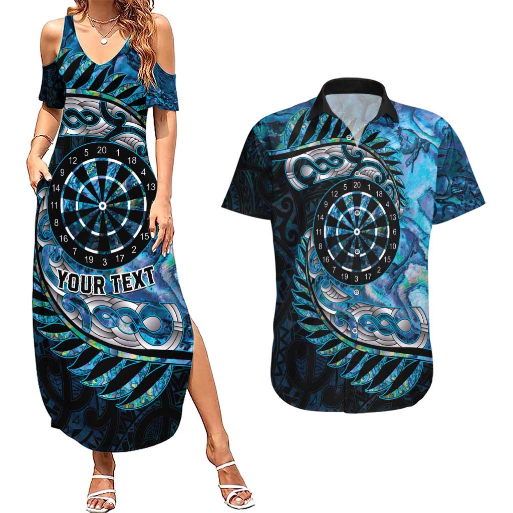 New Zealand Darts Personalised Couples Matching Summer Maxi Dress and Hawaiian Shirt Aotearoa Silver Fern Blue Papua Shell Spirit