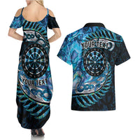 New Zealand Darts Personalised Couples Matching Summer Maxi Dress and Hawaiian Shirt Aotearoa Silver Fern Blue Papua Shell Spirit