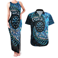New Zealand Darts Personalised Couples Matching Tank Maxi Dress and Hawaiian Shirt Aotearoa Silver Fern Blue Papua Shell Spirit