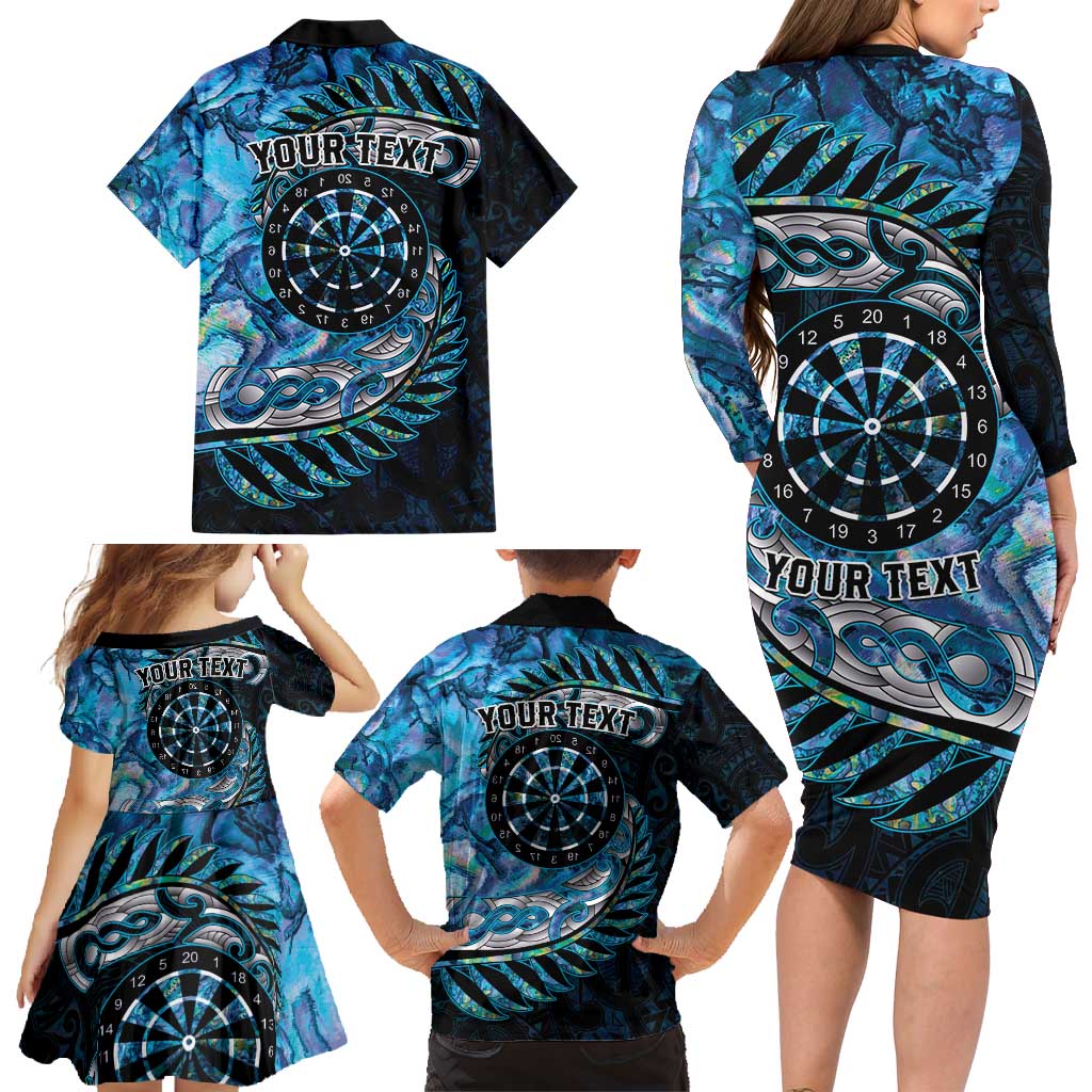 New Zealand Darts Personalised Family Matching Long Sleeve Bodycon Dress and Hawaiian Shirt Aotearoa Silver Fern Blue Papua Shell Spirit