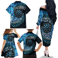 New Zealand Darts Personalised Family Matching Off The Shoulder Long Sleeve Dress and Hawaiian Shirt Aotearoa Silver Fern Blue Papua Shell Spirit