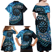 New Zealand Darts Personalised Family Matching Off Shoulder Maxi Dress and Hawaiian Shirt Aotearoa Silver Fern Blue Papua Shell Spirit