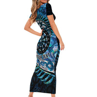 New Zealand Darts Personalised Family Matching Short Sleeve Bodycon Dress and Hawaiian Shirt Aotearoa Silver Fern Blue Papua Shell Spirit