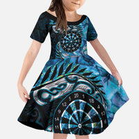 New Zealand Darts Personalised Kid Short Sleeve Dress Aotearoa Silver Fern Blue Papua Shell Spirit
