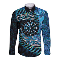 New Zealand Darts Personalised Long Sleeve Button Shirt Aotearoa Silver Fern Blue Papua Shell Spirit