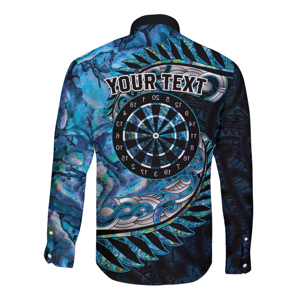 New Zealand Darts Personalised Long Sleeve Button Shirt Aotearoa Silver Fern Blue Papua Shell Spirit