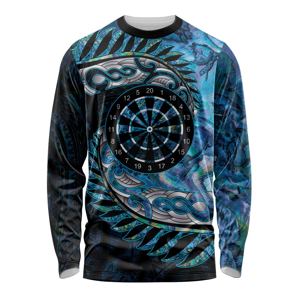 New Zealand Darts Personalised Long Sleeve Shirt Aotearoa Silver Fern Blue Papua Shell Spirit