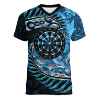 New Zealand Darts Personalised Women V-Neck T-Shirt Aotearoa Silver Fern Blue Papua Shell Spirit