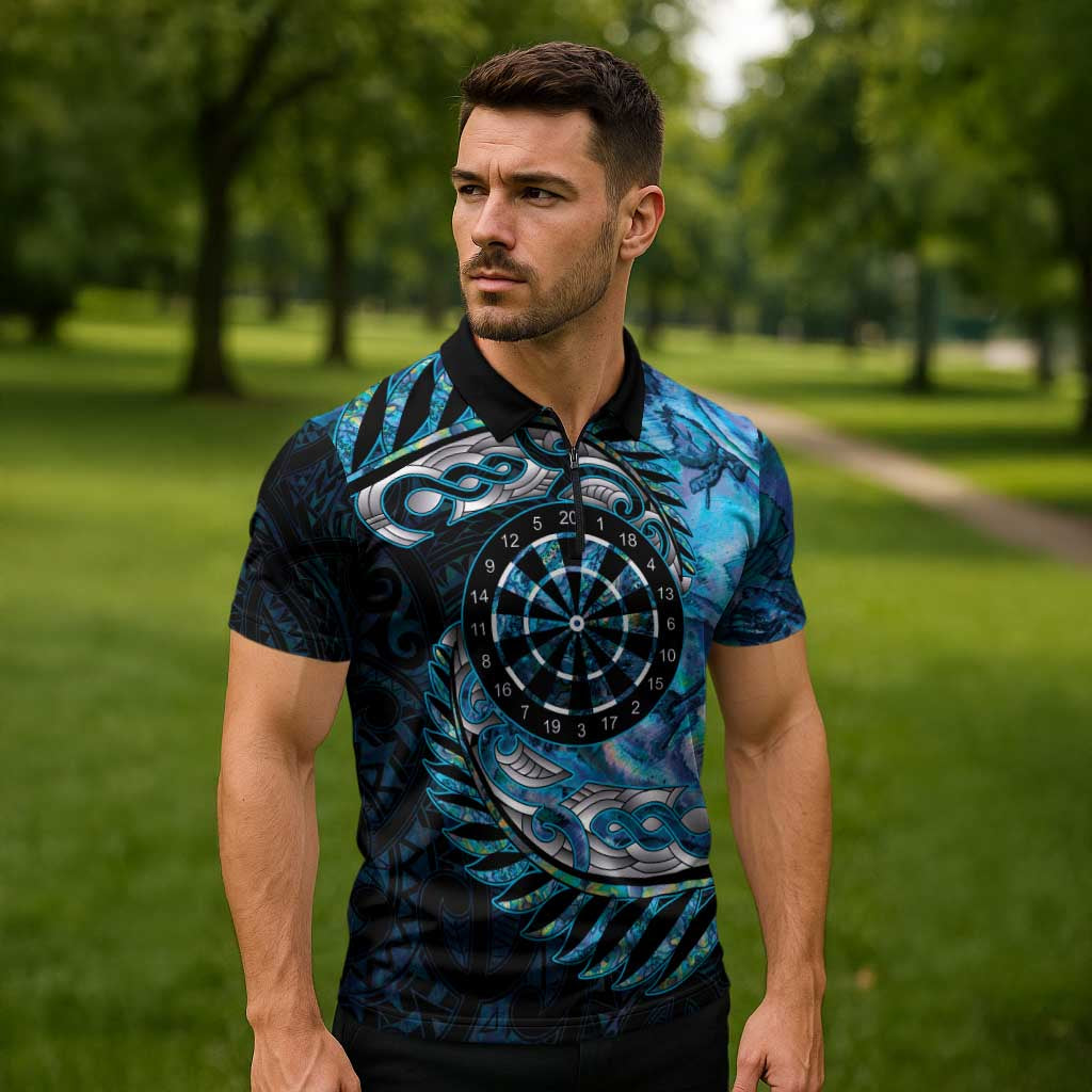 New Zealand Darts Personalised Zipper Polo Shirt Aotearoa Silver Fern Blue Papua Shell Spirit - Polynesian Pride