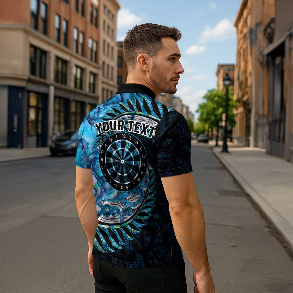 New Zealand Darts Personalised Zipper Polo Shirt Aotearoa Silver Fern Blue Papua Shell Spirit - Polynesian Pride