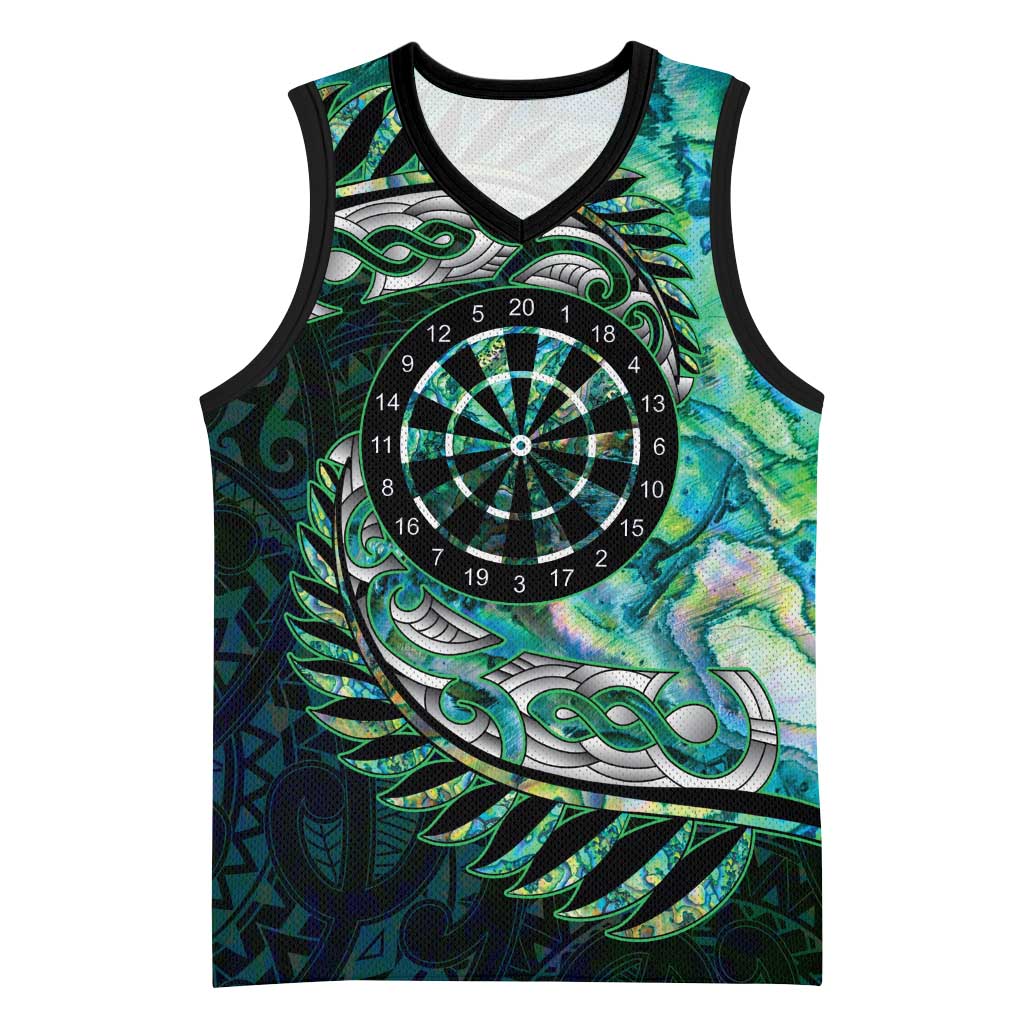 New Zealand Darts Personalised Basketball Jersey Aotearoa Silver Fern Green Papua Shell Spirit - Polynesian Pride