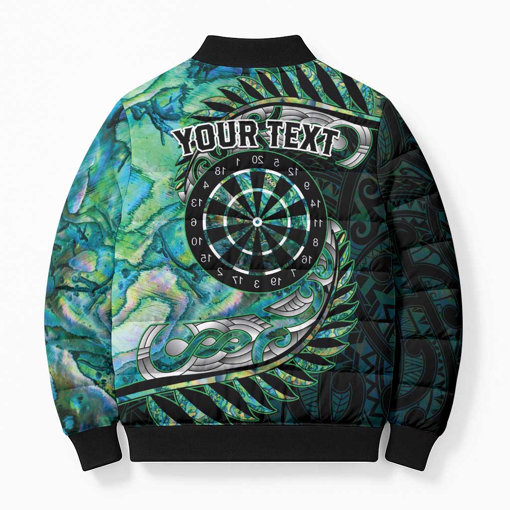 New Zealand Darts Personalised Bomber Puffer Jacket Aotearoa Silver Fern Green Papua Shell Spirit - Polynesian Pride