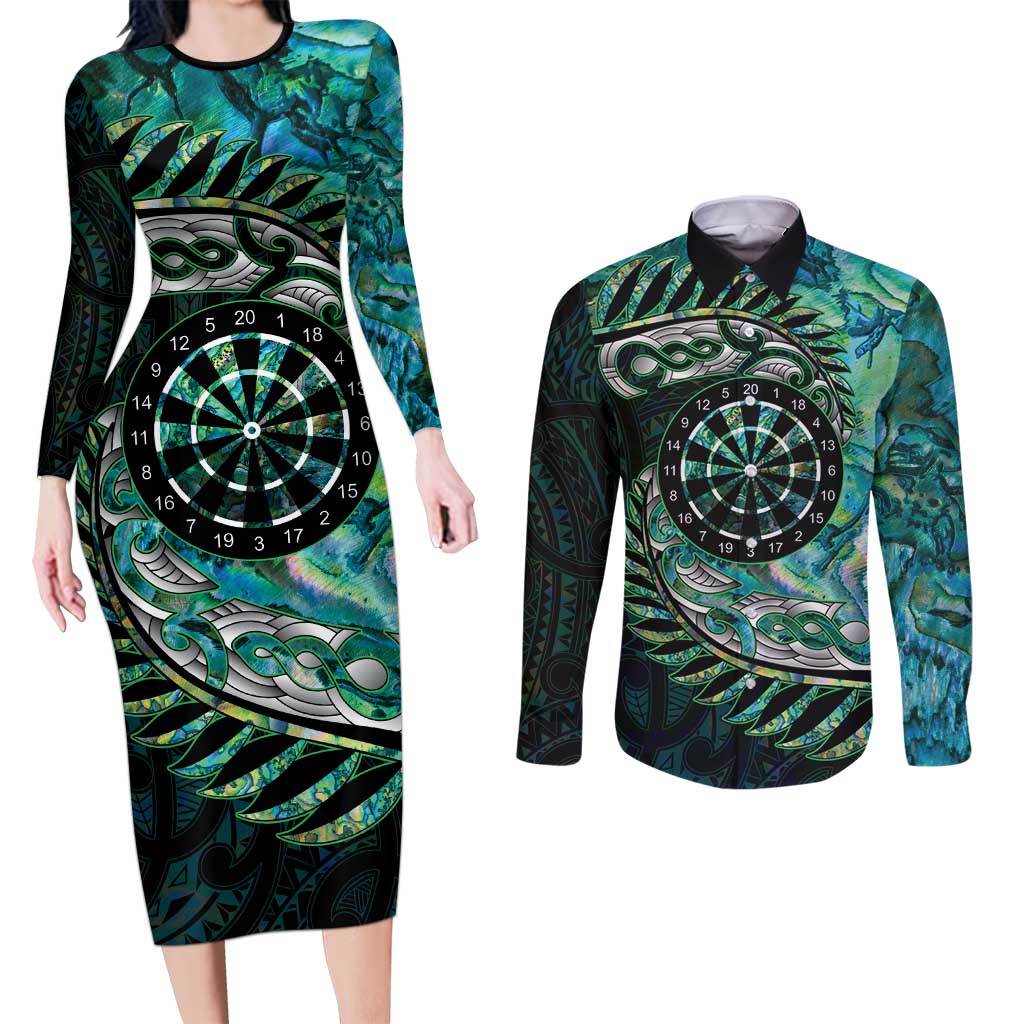 New Zealand Darts Personalised Couples Matching Long Sleeve Bodycon Dress and Long Sleeve Button Shirt Aotearoa Silver Fern Green Papua Shell Spirit