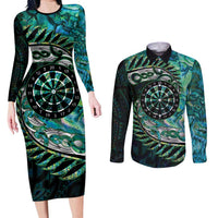 New Zealand Darts Personalised Couples Matching Long Sleeve Bodycon Dress and Long Sleeve Button Shirt Aotearoa Silver Fern Green Papua Shell Spirit