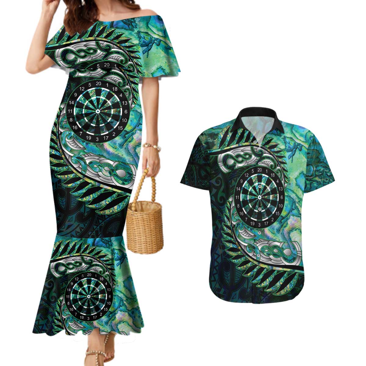 New Zealand Darts Personalised Couples Matching Mermaid Dress and Hawaiian Shirt Aotearoa Silver Fern Green Papua Shell Spirit