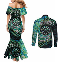 New Zealand Darts Personalised Couples Matching Mermaid Dress and Long Sleeve Button Shirt Aotearoa Silver Fern Green Papua Shell Spirit