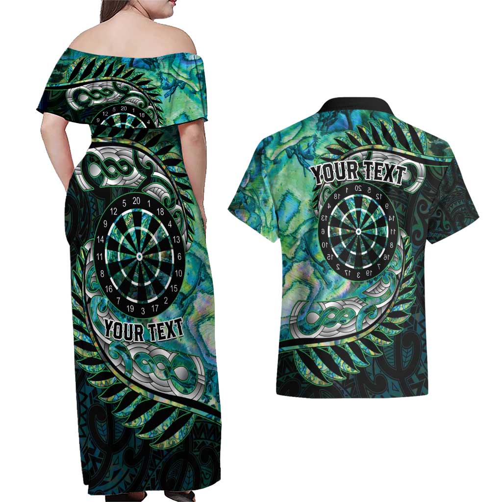 New Zealand Darts Personalised Couples Matching Off Shoulder Maxi Dress and Hawaiian Shirt Aotearoa Silver Fern Green Papua Shell Spirit