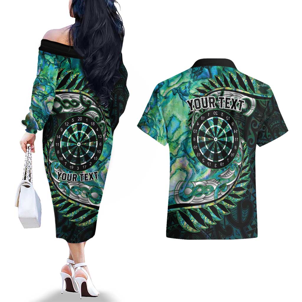 New Zealand Darts Personalised Couples Matching Off The Shoulder Long Sleeve Dress and Hawaiian Shirt Aotearoa Silver Fern Green Papua Shell Spirit