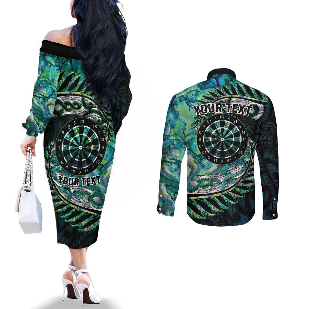 New Zealand Darts Personalised Couples Matching Off The Shoulder Long Sleeve Dress and Long Sleeve Button Shirt Aotearoa Silver Fern Green Papua Shell Spirit