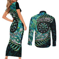 New Zealand Darts Personalised Couples Matching Short Sleeve Bodycon Dress and Long Sleeve Button Shirt Aotearoa Silver Fern Green Papua Shell Spirit