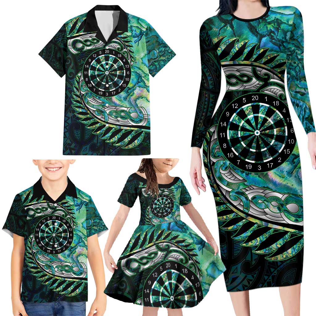 New Zealand Darts Personalised Family Matching Long Sleeve Bodycon Dress and Hawaiian Shirt Aotearoa Silver Fern Green Papua Shell Spirit