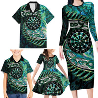 New Zealand Darts Personalised Family Matching Long Sleeve Bodycon Dress and Hawaiian Shirt Aotearoa Silver Fern Green Papua Shell Spirit