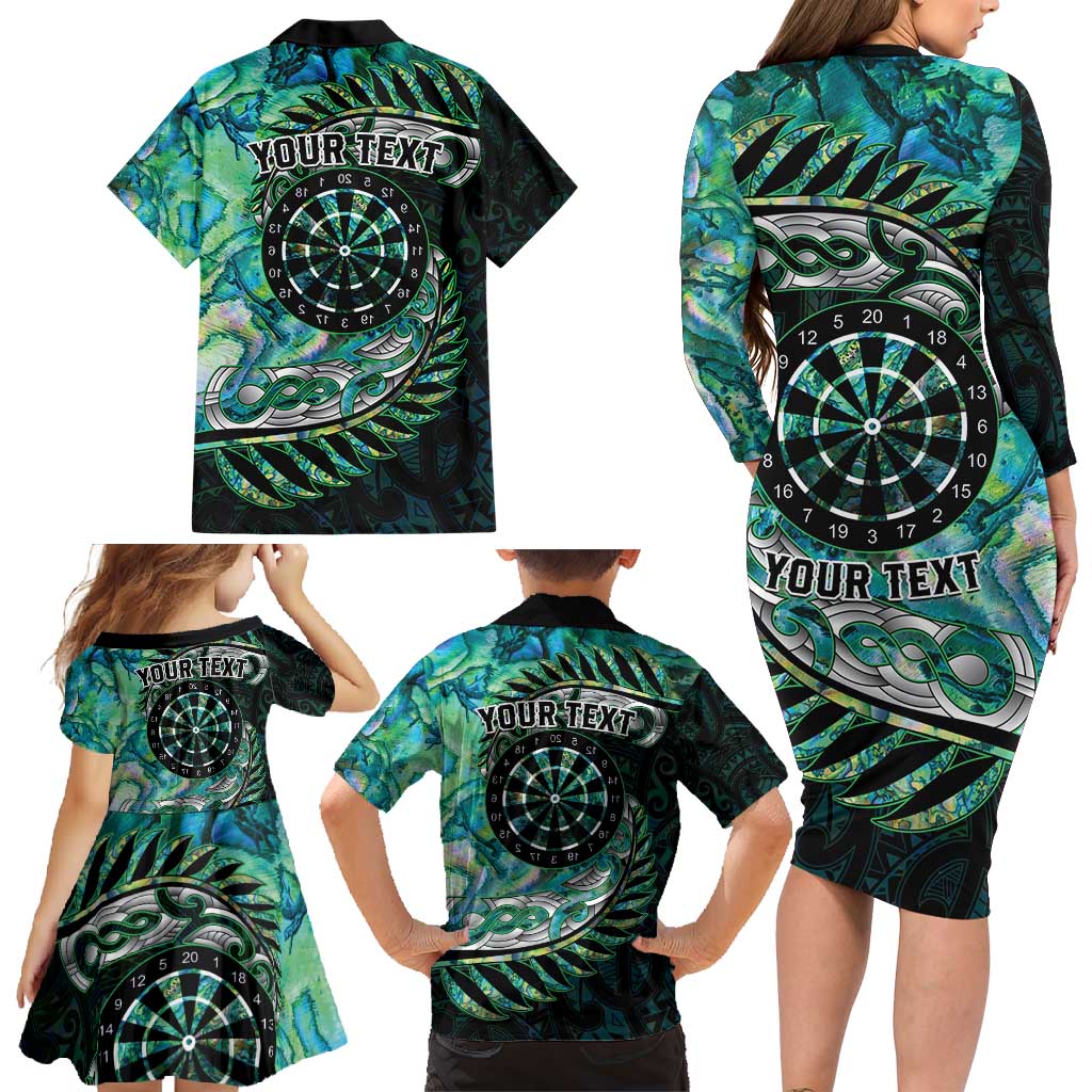 New Zealand Darts Personalised Family Matching Long Sleeve Bodycon Dress and Hawaiian Shirt Aotearoa Silver Fern Green Papua Shell Spirit